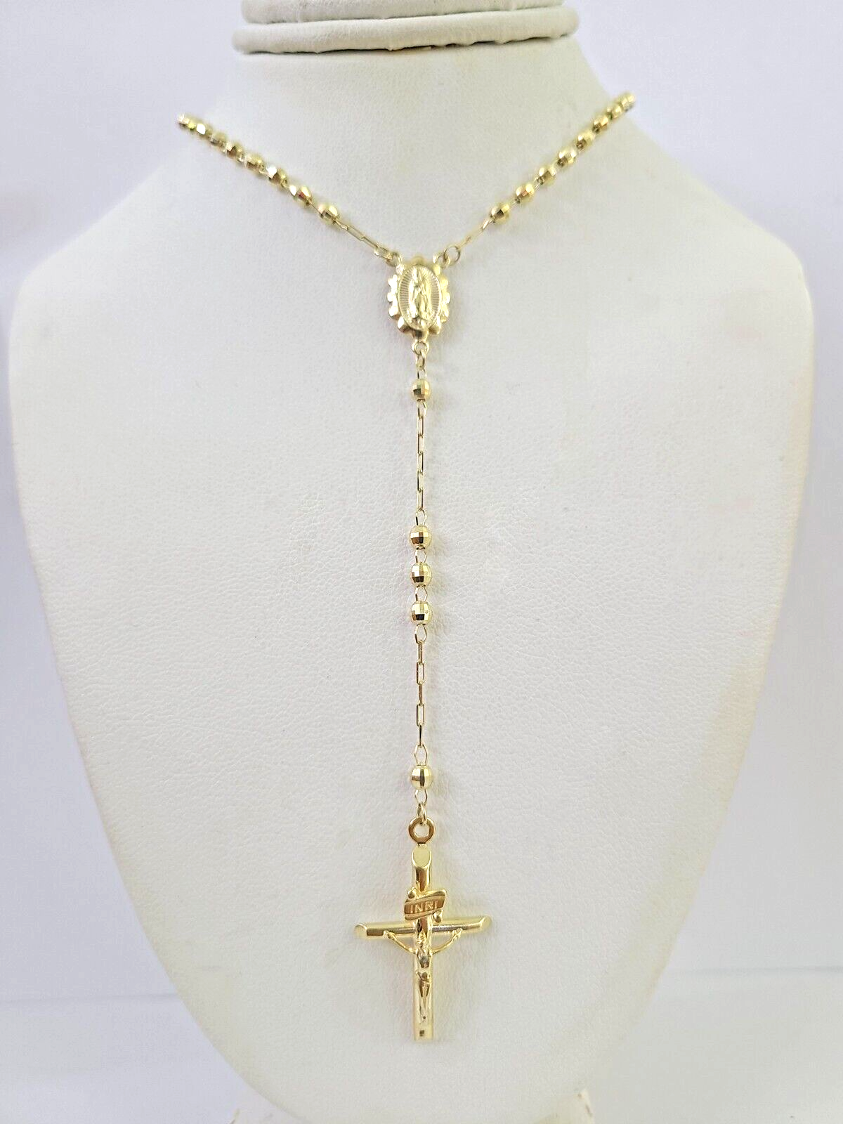 Real 14k Gold Rosary Necklace INRI Jesus Cross Women 22" Diamond Cut Solid