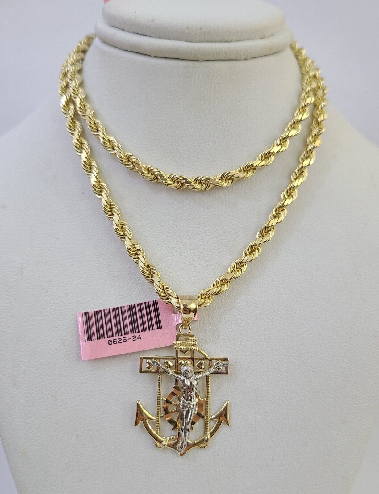 14k Solid Rope Chain Jesus Anchor Charm Set 4mm 18-28" Inch Necklace Yellow Gold