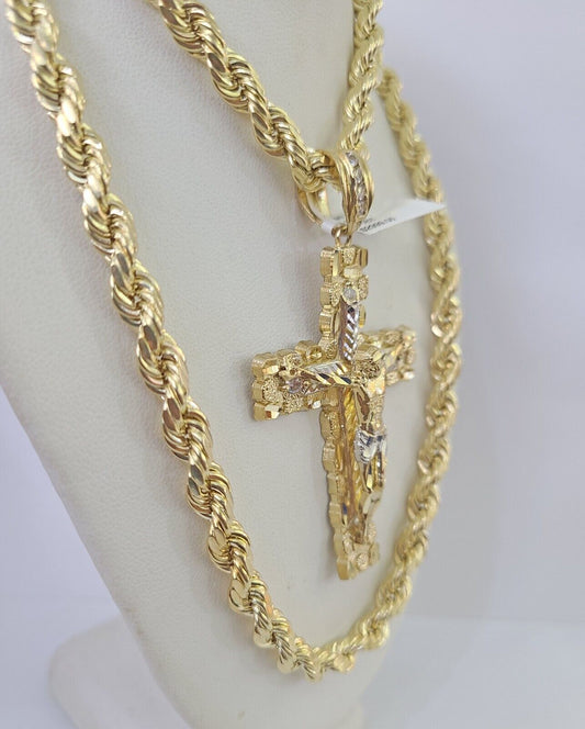Real 10k Gold Rope Chain & Jesus Crucifix Cross Charm Set 7mm 20"-28" Inch Necklace