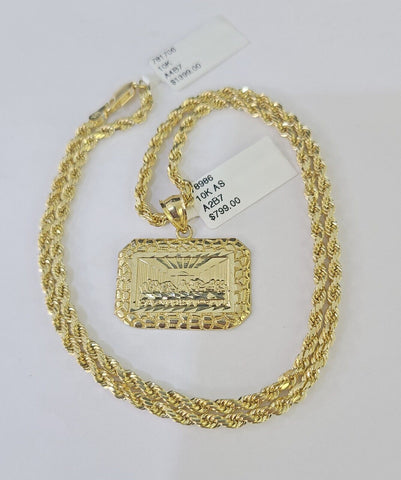 Real 10k 3mm Rope Chain Last Supper Pendant Charm 18" 20" 22" 24" 26" Set Yellow