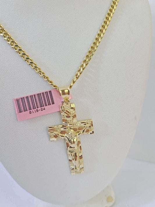 Real 10k Yellow Gold Chain Cross Charm Set Miami Cuban Link 4mm Necklace Pendant