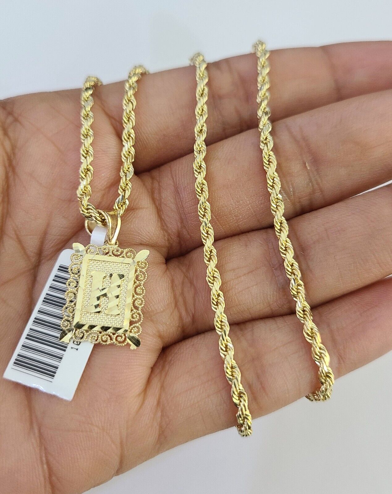 10k Gold Initial H Charm Rope Chain 16"-26" 2.5mm SET Necklace Alphabet Pendant