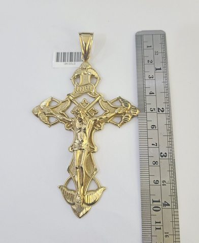 10K Crucifix Cross Pendant 4" Jesus Christ Charm Women Men Yellow Gold