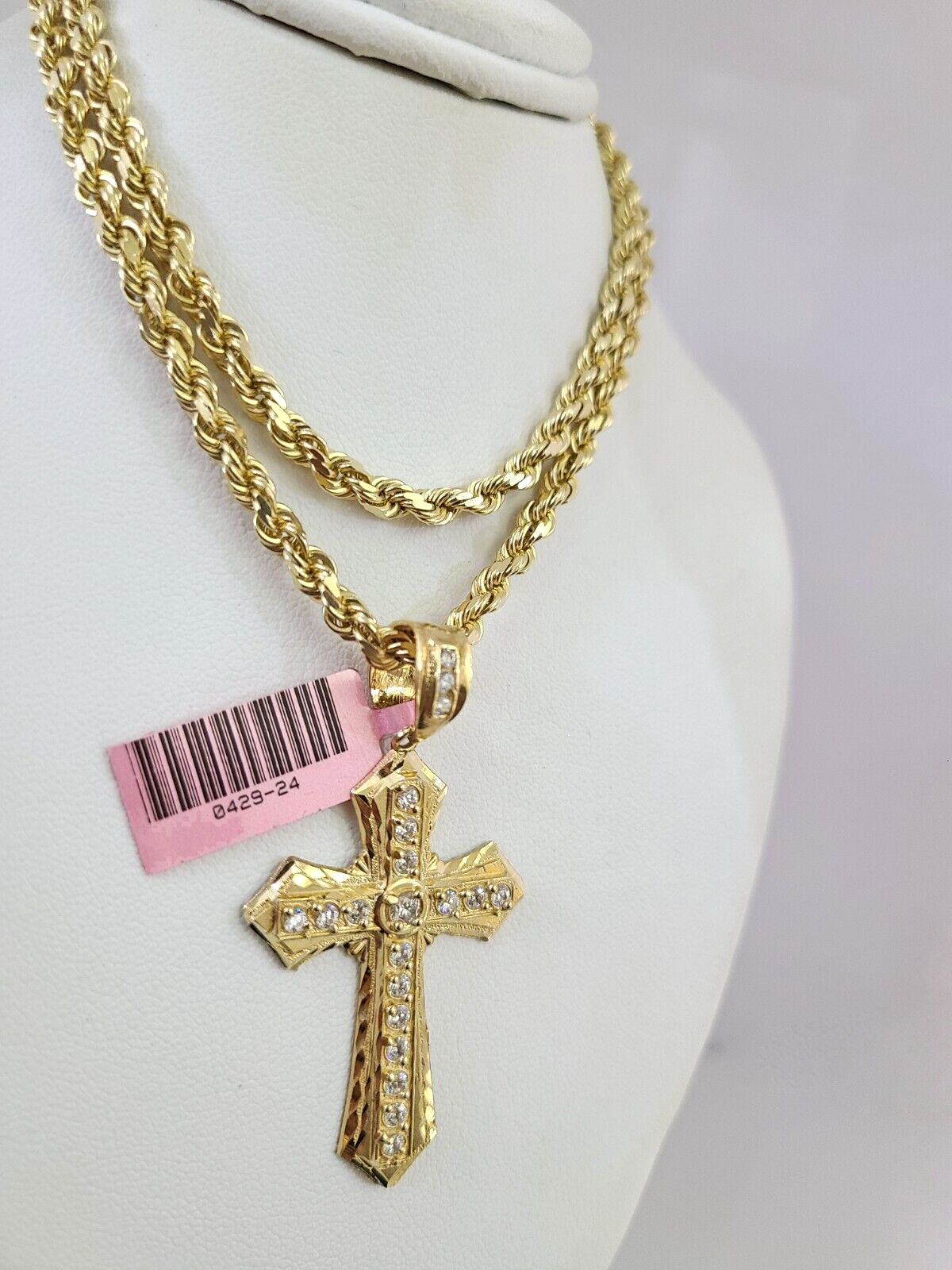 Real 14k Solid Rope Chain Jesus Cross Charm Gold Set 4mm 18"-30" Necklace
