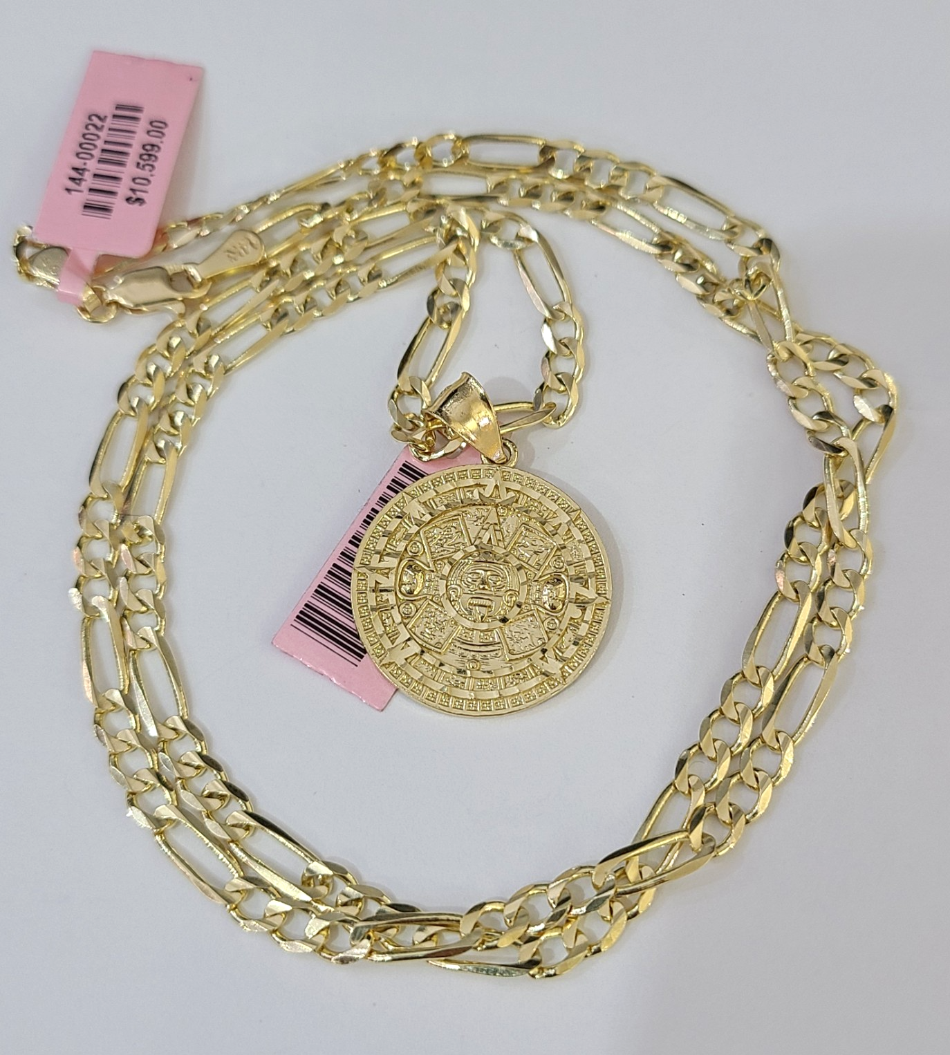 14k Solid Figaro Chain Mayan Calendar Pendant Gold 4mm 18-28 inch SET Necklace