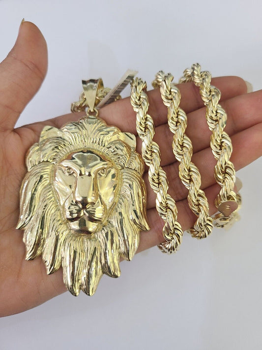 Real 10k Rope Chain Lion Head Charm Set 8mm 20"-30" Inch Necklace Yellow Gold