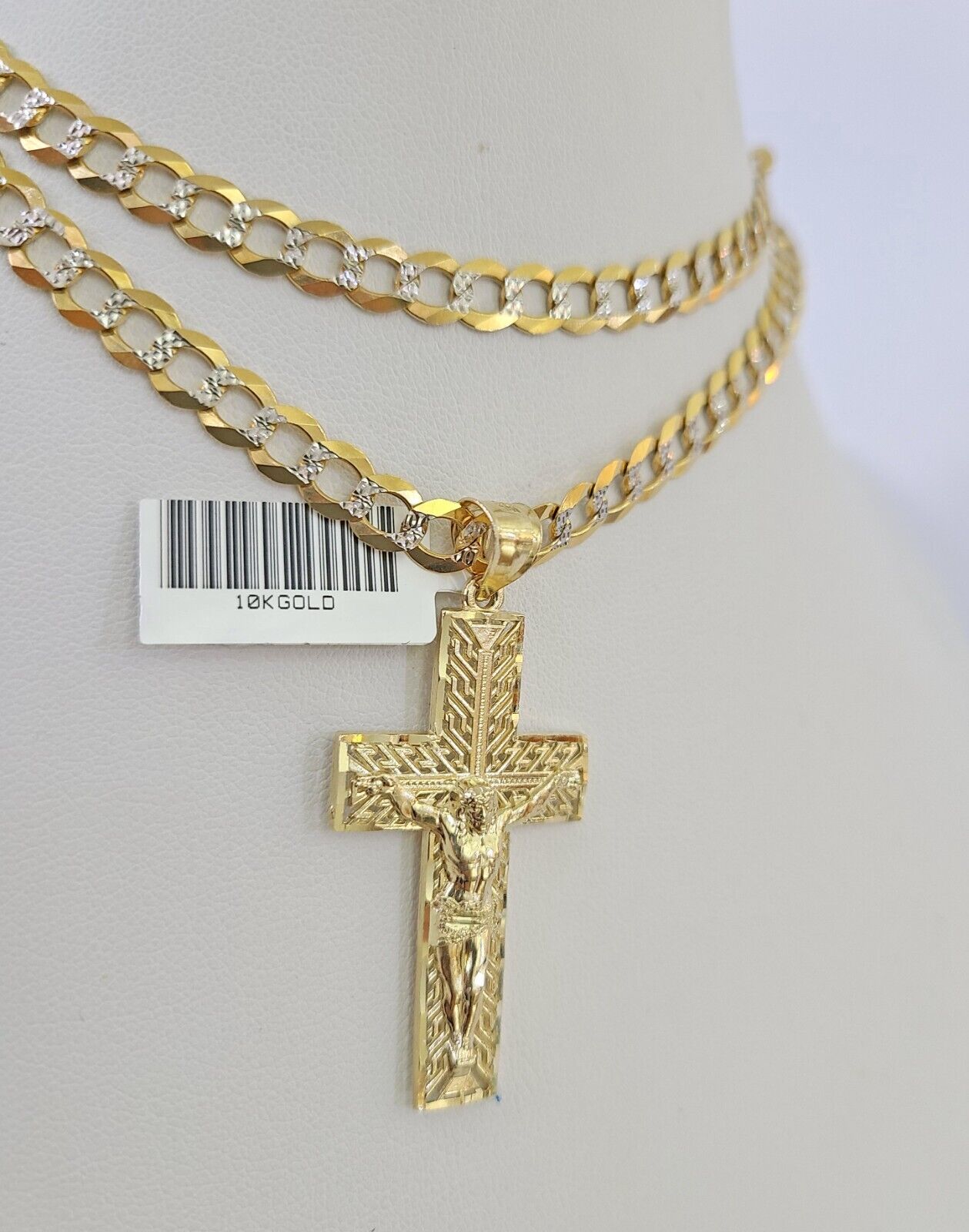 10k Solid Gold Cuban Curb Chain Jesus Cross Pendant 6mm 20"-30" SET Necklace