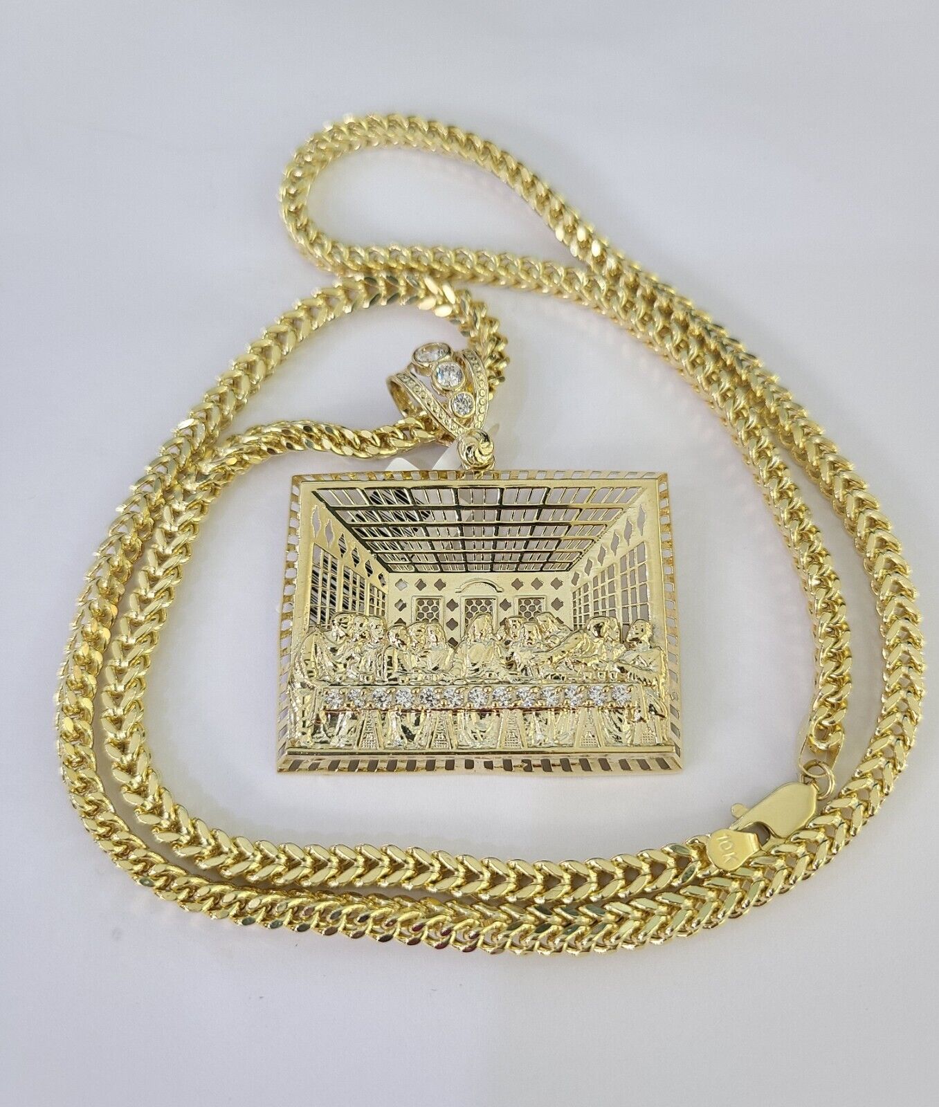 10K Franco Chain Last Supper Pendant Charm Necklace 20"-28" 4mm Yellow Gold SET