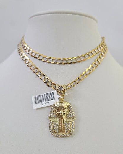 10k Solid Gold Cuban Curb Chain Pharaoh Pendant 6mm 20"-30" SET Necklace Charm