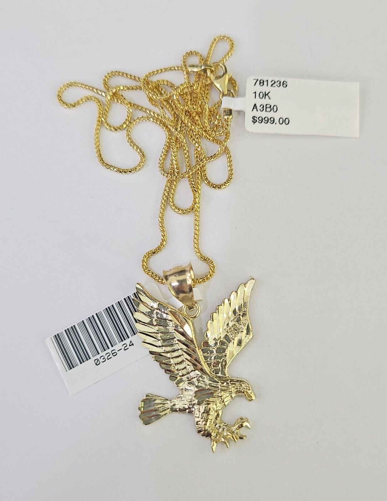 10K Solid Franco Chain Eagle Pendant Charm Necklace 18"-24" 1.5mm Yellow Gold