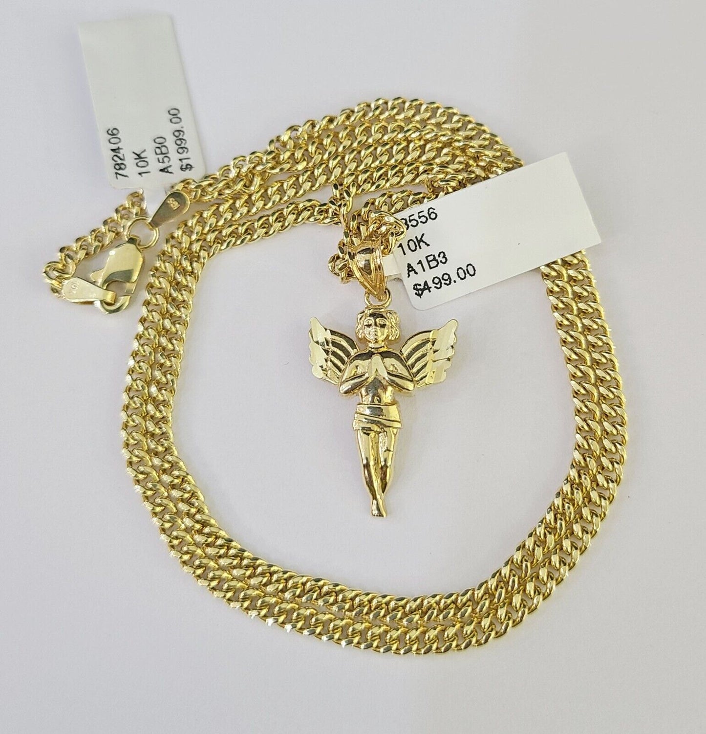 10K Gold Miami Cuban Chain Praying Angel 18"-28" 3mm REAL Pendant Necklace SET