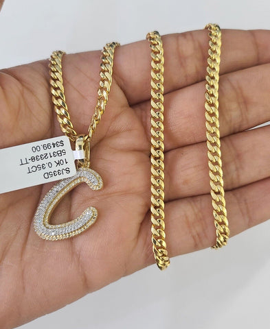 10k Miami Cuban Chain C Diamond Charm Set 4mm 18-26"Yellow Gold Necklace Pendant