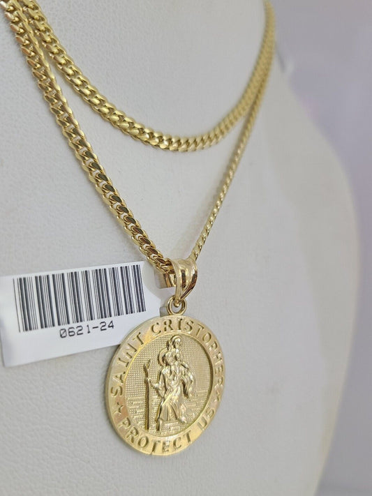 10K Solid Gold Chain Miami Cuban Saint Cristopher Pendant 2.5mm SET 18"-24"