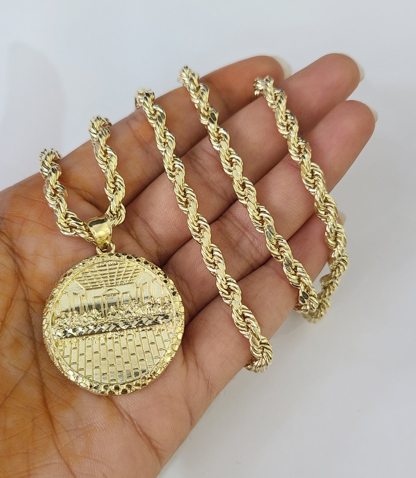 Real 10k Gold Rope Chain Last Supper Nugget Pendant Set 4mm 18"-28"
