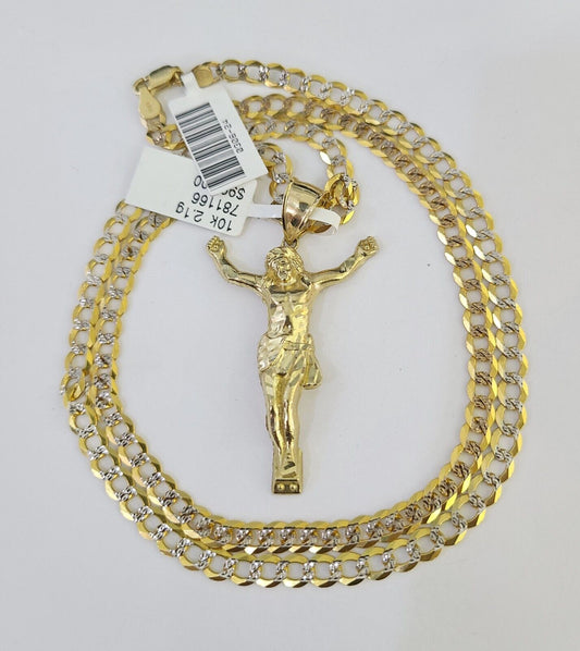 10k Gold Chain Jesus Body Charm Solid Cuban Curb 5mm 18"-28" Inch SET Necklace