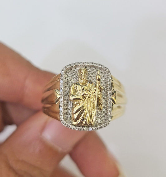 Real 10k Diamond Mens Ring Saint Jude Band Yellow Gold Casual Genuine Natural