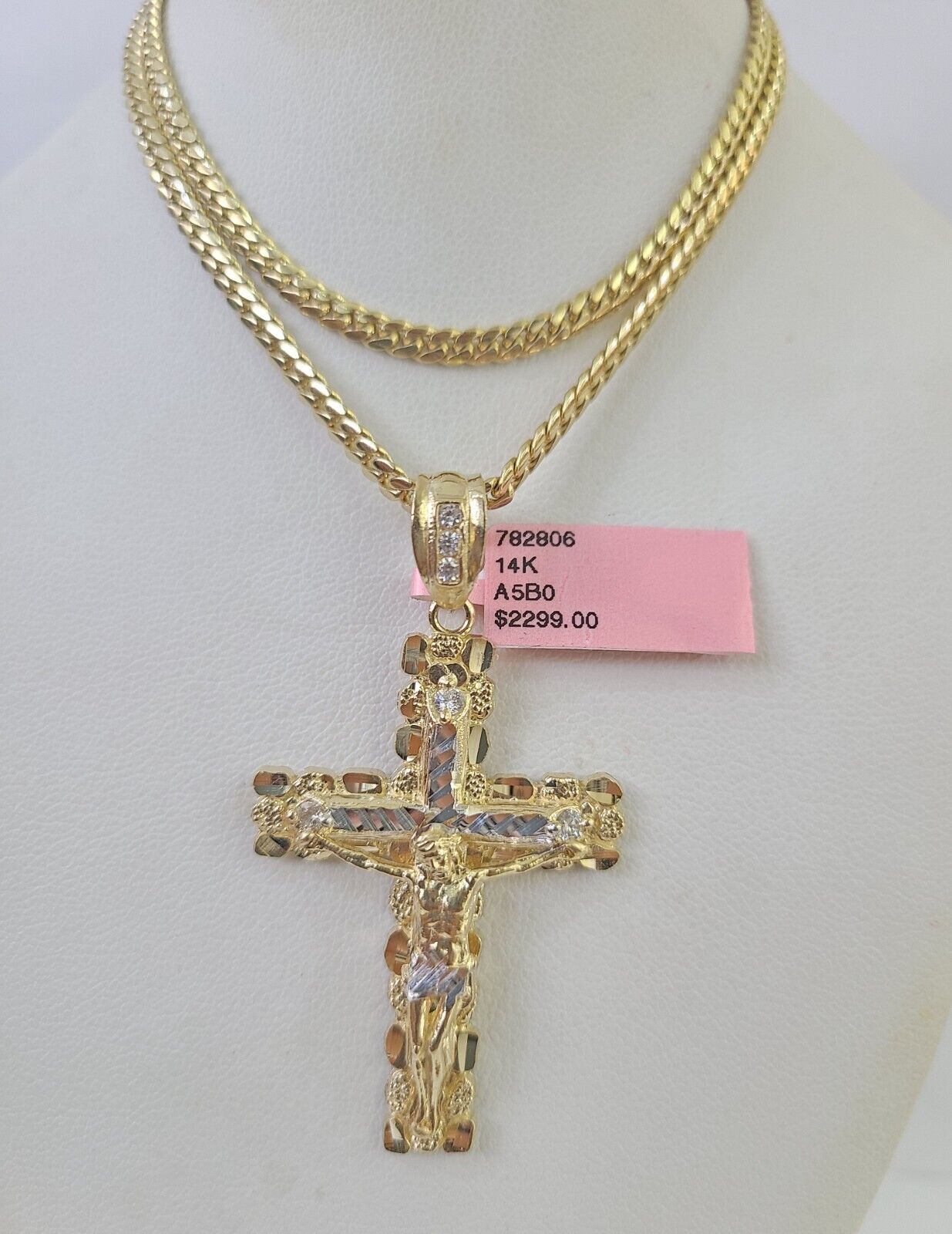 Real 14k Solid Chain Cross Charm Set Miami Cuban Link 3mm Necklace Pendant Gold