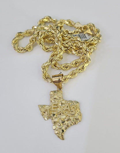 Real 10k Rope Chain Texas Map Charm Set 7mm 20"-28" Inch Necklace Gold