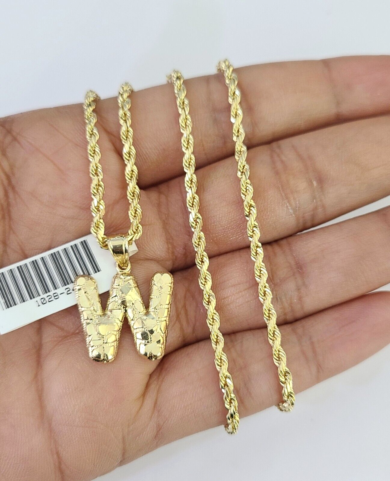 10k Gold Initial W Charm Rope Chain 16"-26" 2.5mm SET Necklace Alphabet Pendant