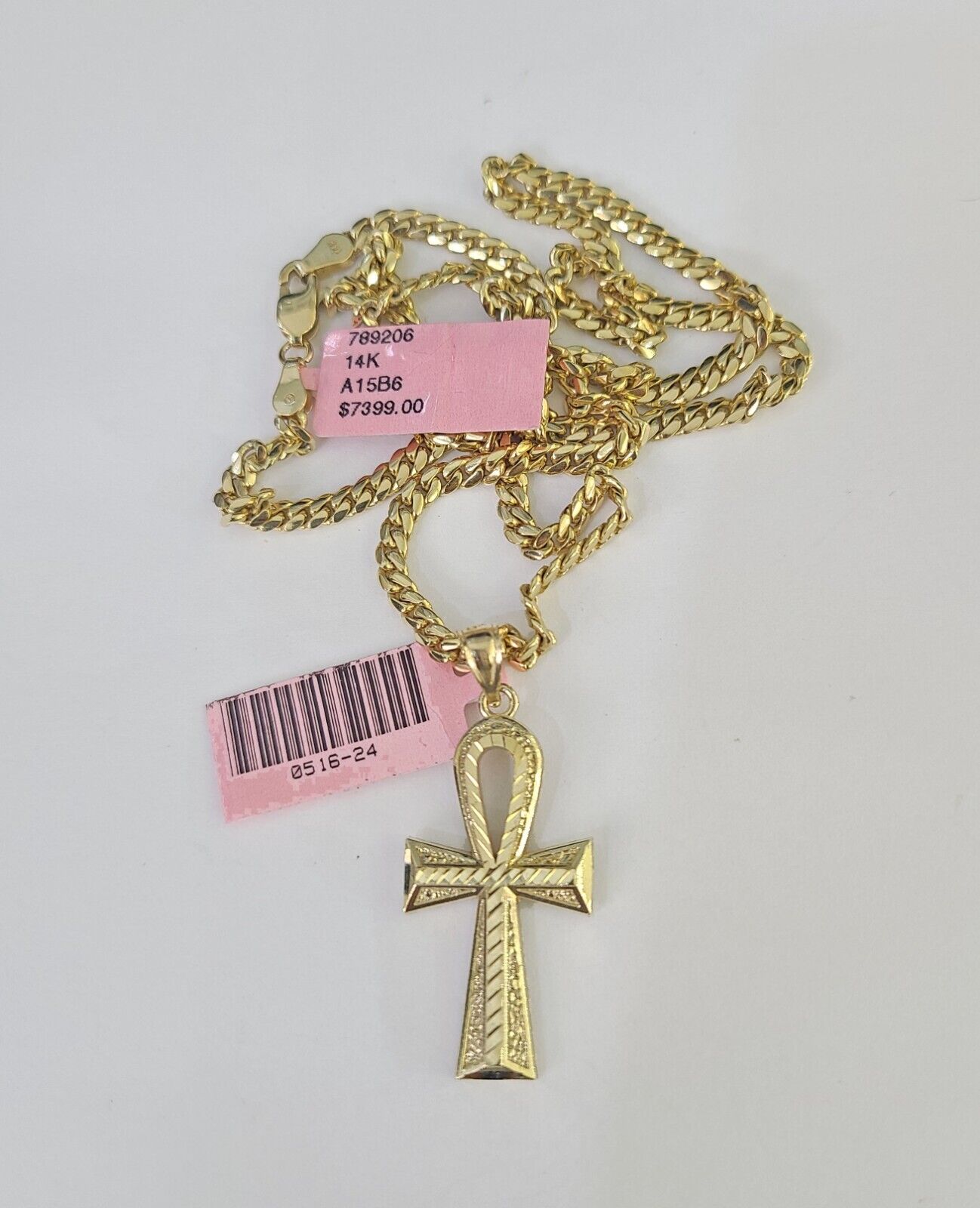 Real 14k Solid Chain Cross Charm Set Miami Cuban Link 3mm Necklace Pendant Gold