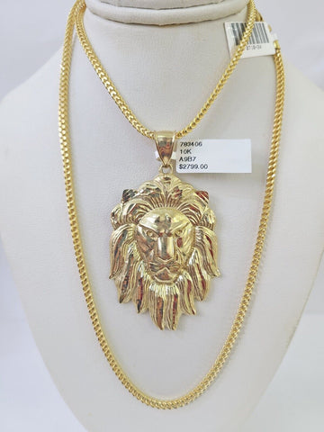 10K Franco Chain Roaring Lion Pendant Charm Necklace 20"-26" 2.5mm Yellow Gold