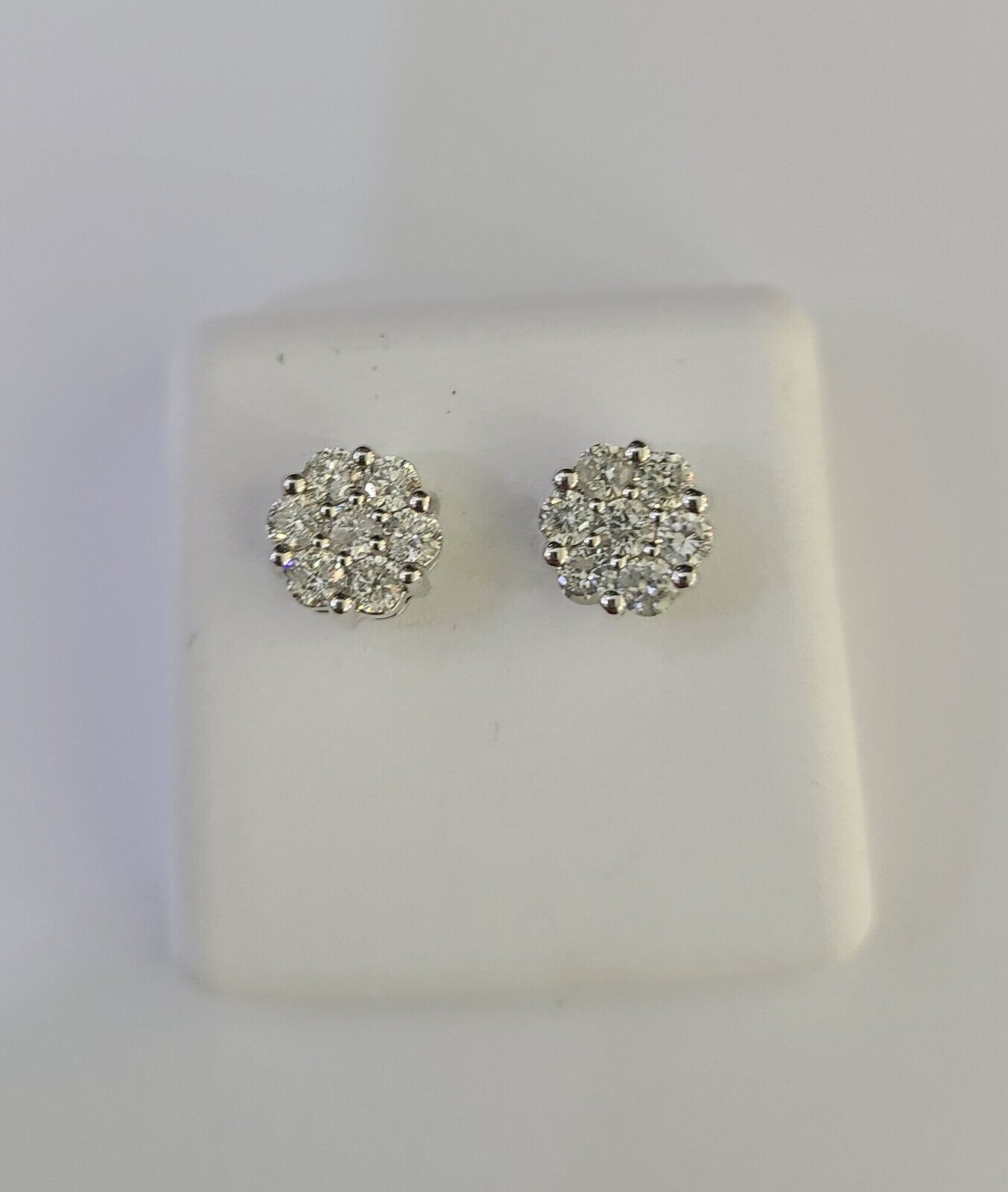 14k White Gold Flower Earrings Real Diamond Screw-Back Women Men Studs