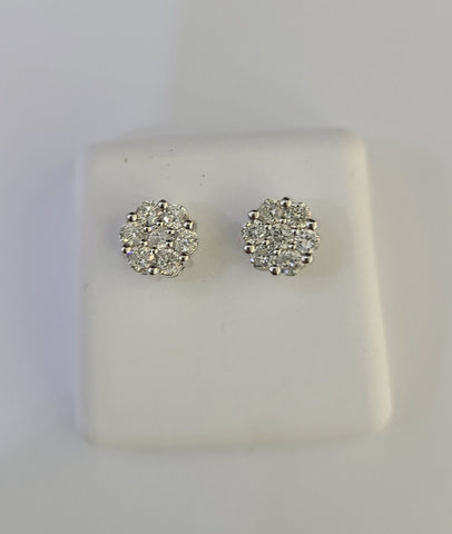 14k White Gold Flower Earrings Real Diamond Screw-Back Women Men Studs