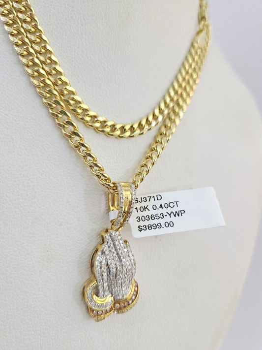 10k Miami Cuban Chain Diamond Praying Hands Charm Set 4mm 18"-28" Necklace Gold