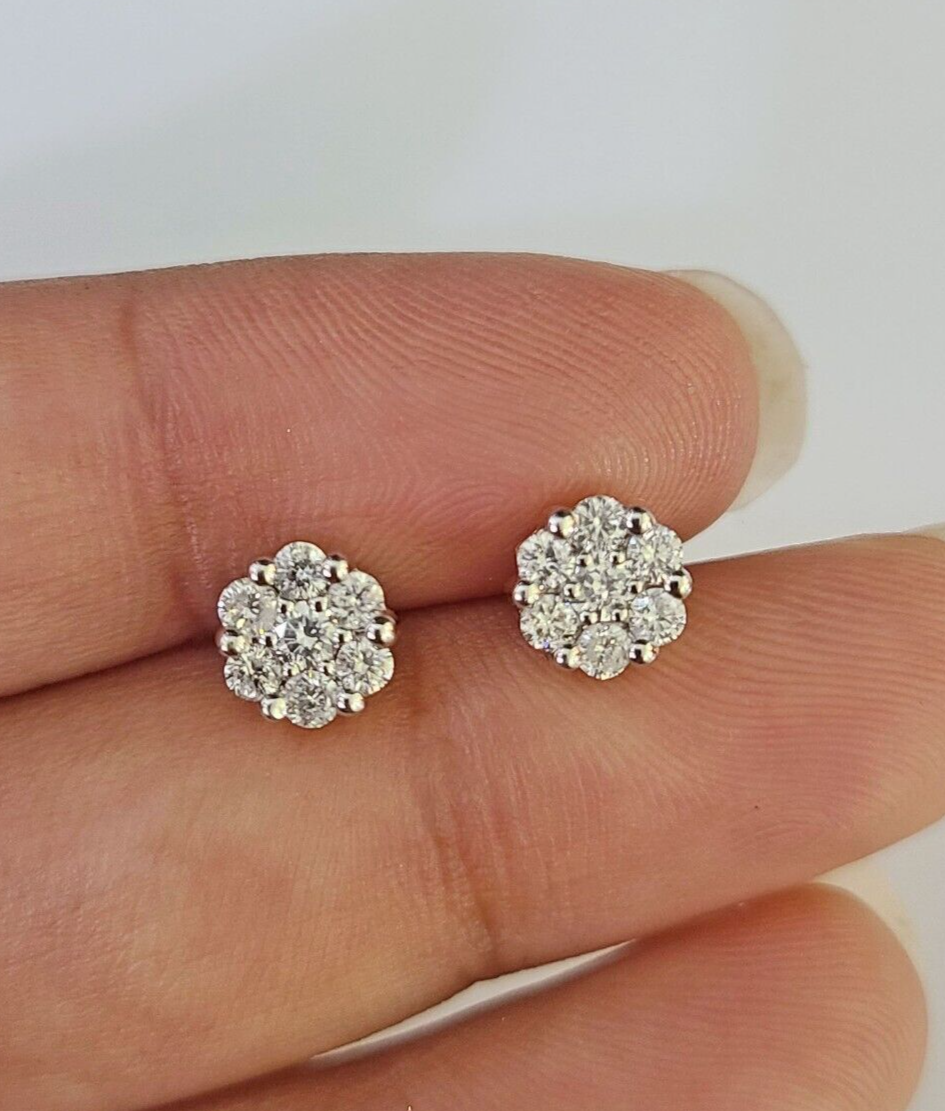 14k Diamond Flower Earrings Yellow gold Real Screw-Back Women Men Studs