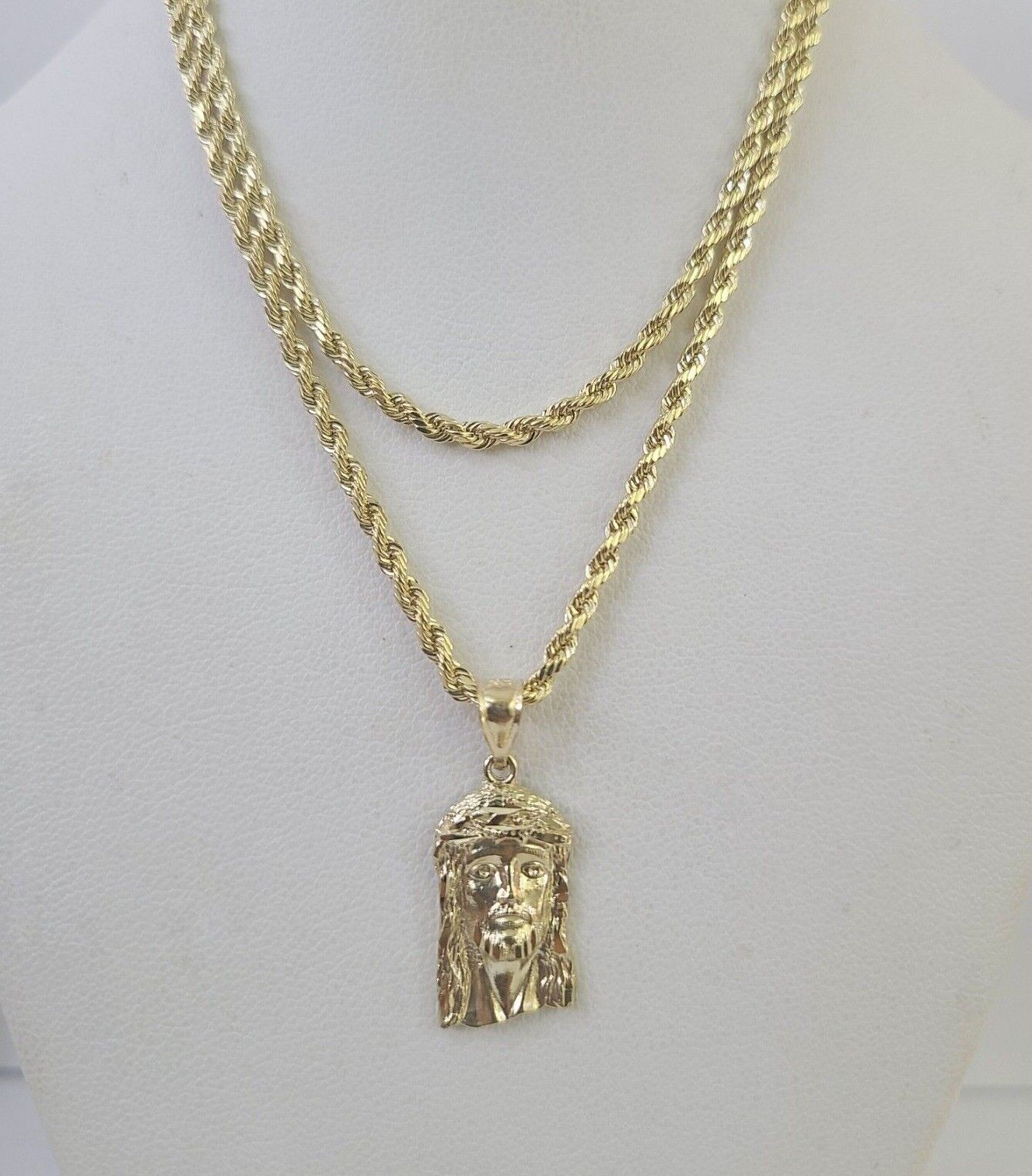 10k 2.5mm Rope Chain Jesus Head Pendant 18"-30" Yellow Gold Set Charm Necklace