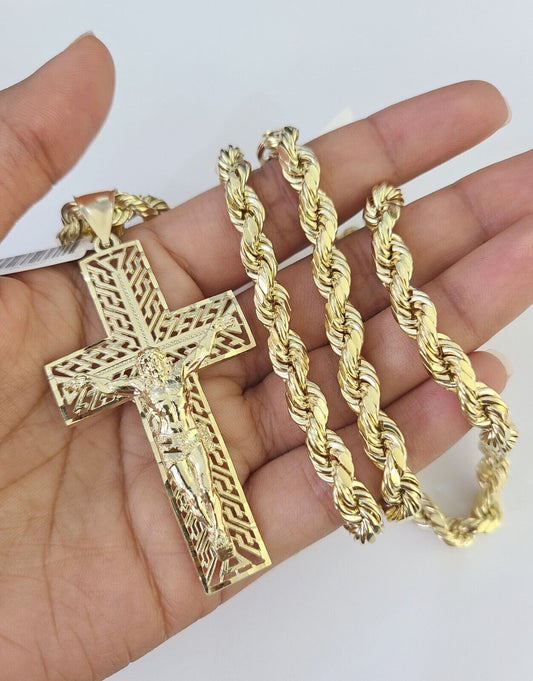 Real 10k Rope Chain Jesus Cross Charm Set 7mm 20"-28" Inch Necklace Yellow Gold