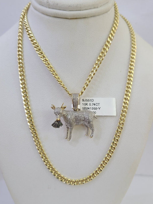 10k Miami Cuban Chain Goat Money Charm Diamond Set 4.5mm 20"-28" Necklace Gold