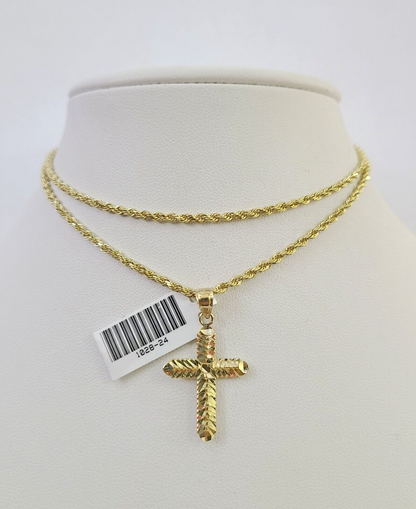 10k Solid Rope Chain 2mm Jesus Cross Pendant Charm Necklace SET 18-24 in