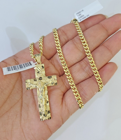 10k Yellow Gold Chain Cross Charm Set Miami Cuban Link Necklace Pendant DISCOUNT
