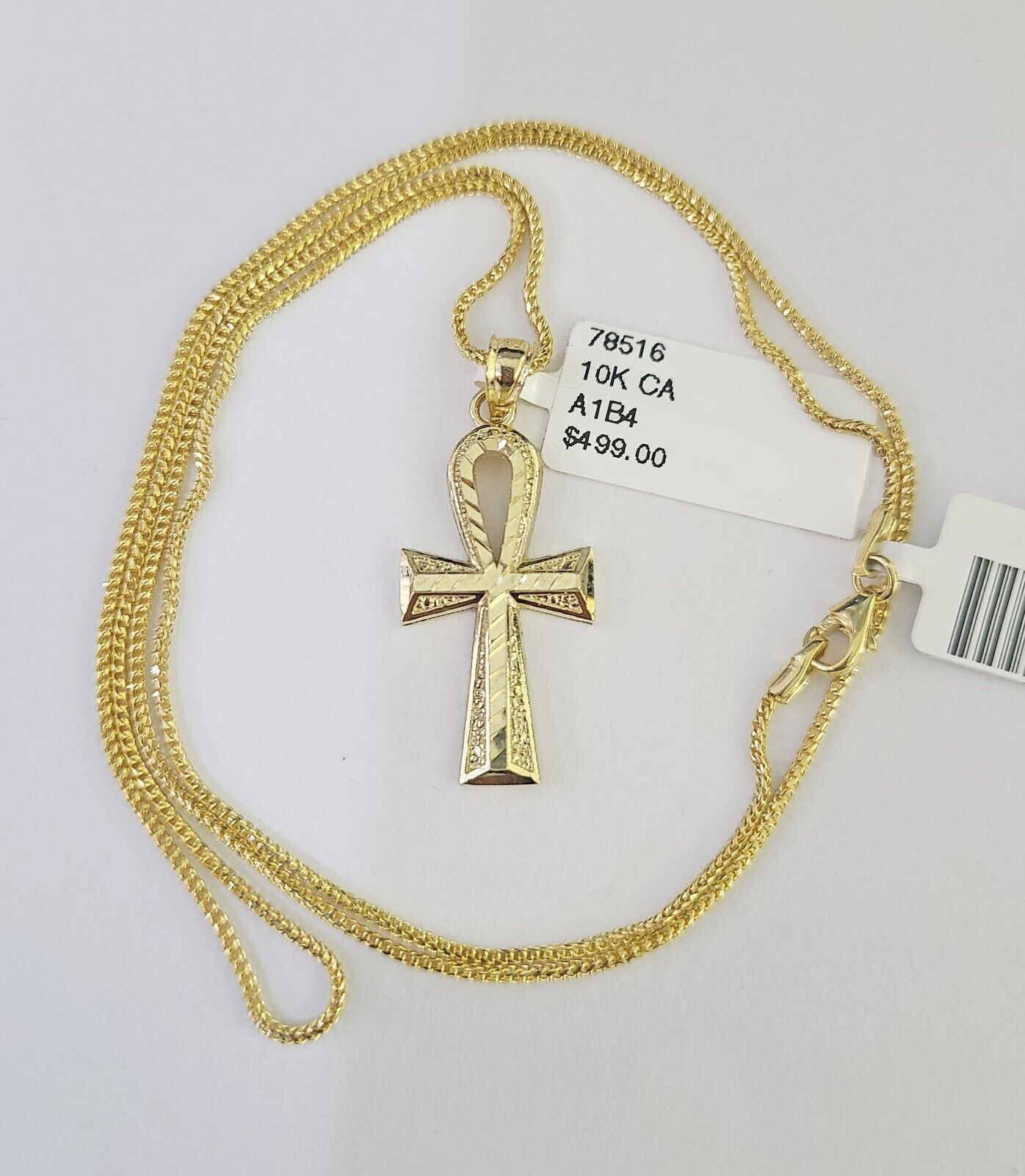 10K Solid Franco Chain Ankh Cross Pendant Charm Necklace 18"-24" 1.5mm Gold