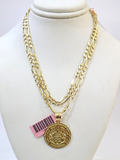 14k Solid Figaro Chain Mayan Calendar Pendant Gold 4mm 18-28 inch SET Necklace