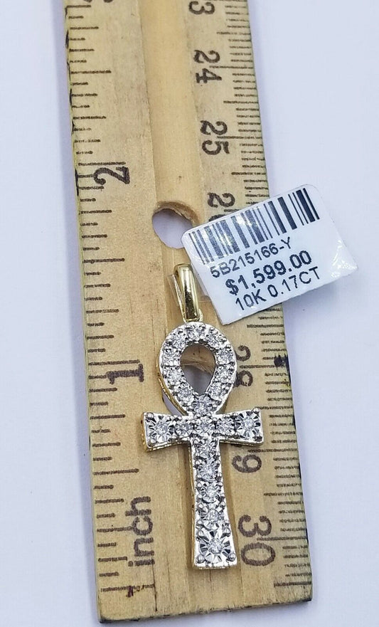 10k Gold Ankh Cross Charm Real Diamond 2mm Rope Chain 18" 20" 22" 24" 26"