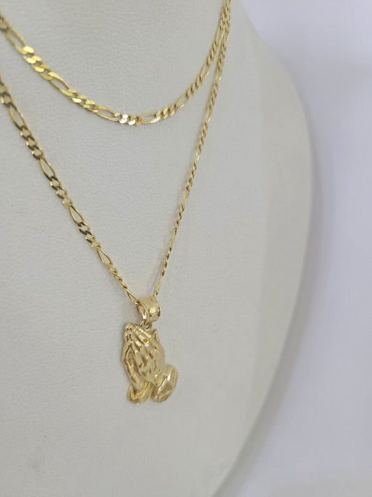 14k Figaro Chain Praying Hands Charm Pendant Gold 1.5mm 18"-24inch SET Necklace