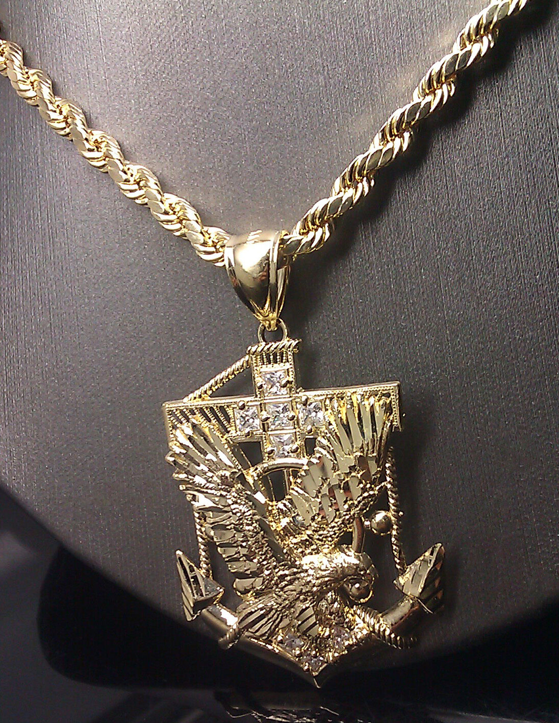 10k Yellow Gold American Eagle Anchor Rope Charm 26" Chain 10k