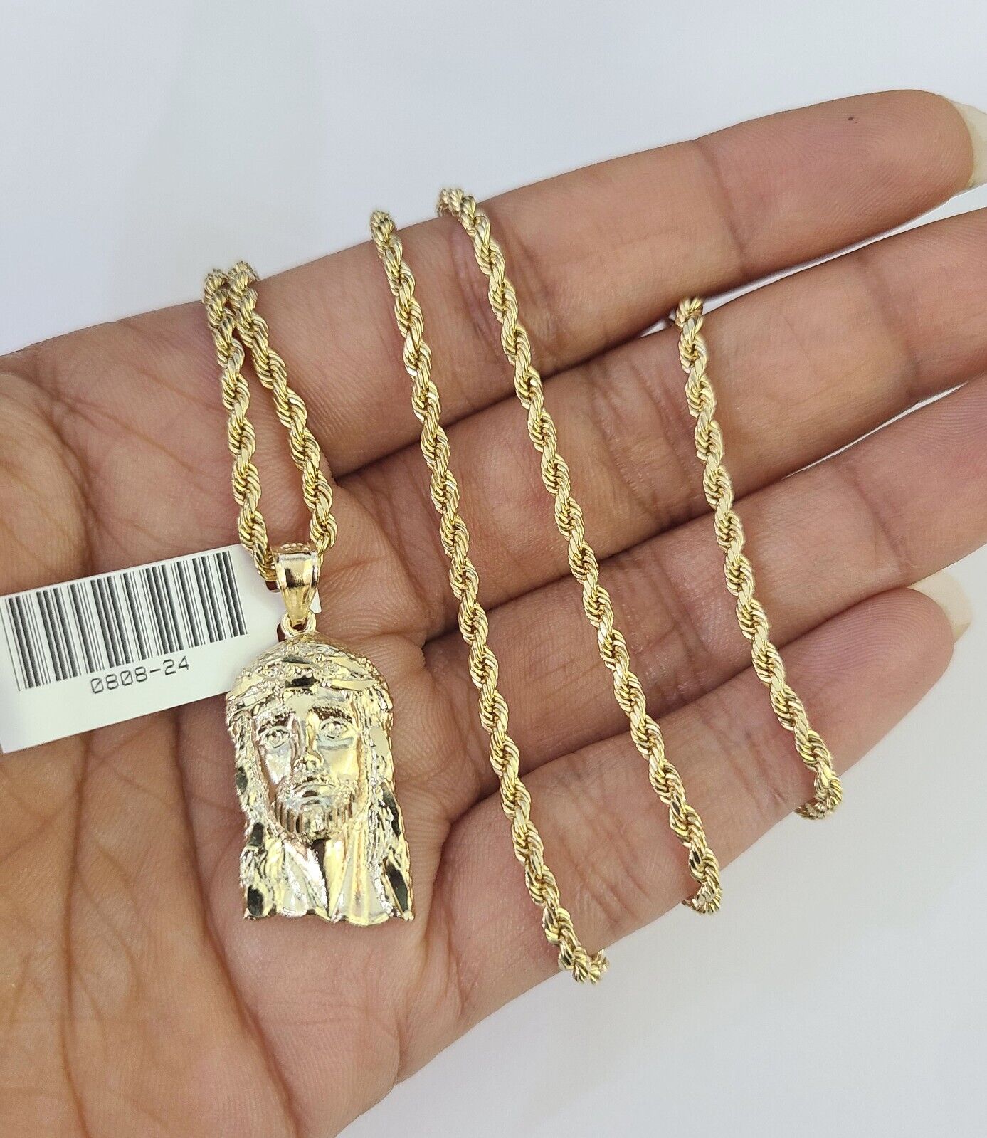 10k 2.5mm Rope Chain Jesus Head Pendant 18"-30" Yellow Gold Set Charm Necklace