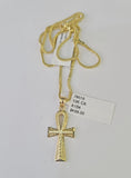 10K Gold Franco Chain Ankh Jesus Cross Charm SET 18-24 inches 1mm Necklace