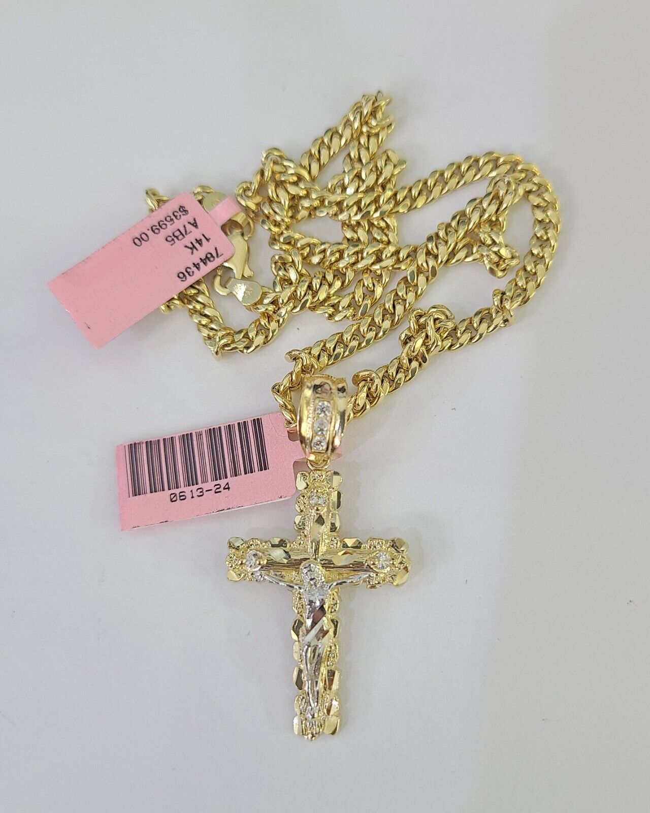 Real 14k Chain Cross Charm Set Miami Cuban Link 4mm Necklace Pendant Yellow Gold