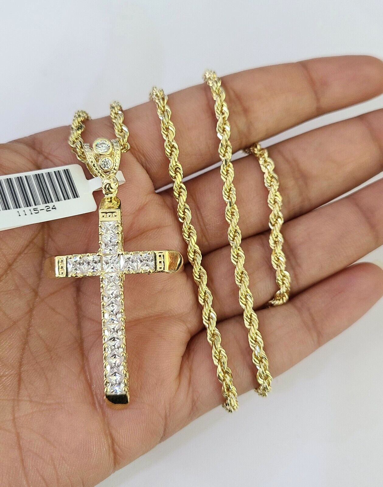 10k Solid Rope Chain 3mm Jesus Cross Pendant Charm Necklace SET 18-26 in