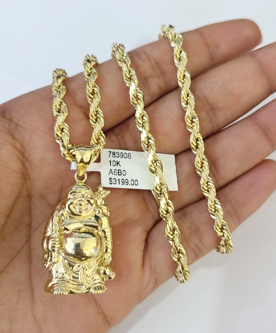 Real 10k Gold Rope Chain Necklace Laughing Buddha Pendant Charm Set 4mm 20"-30"