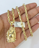 Real 10k Gold Rope Chain Necklace Laughing Buddha Pendant Charm Set 4mm 20"-30"