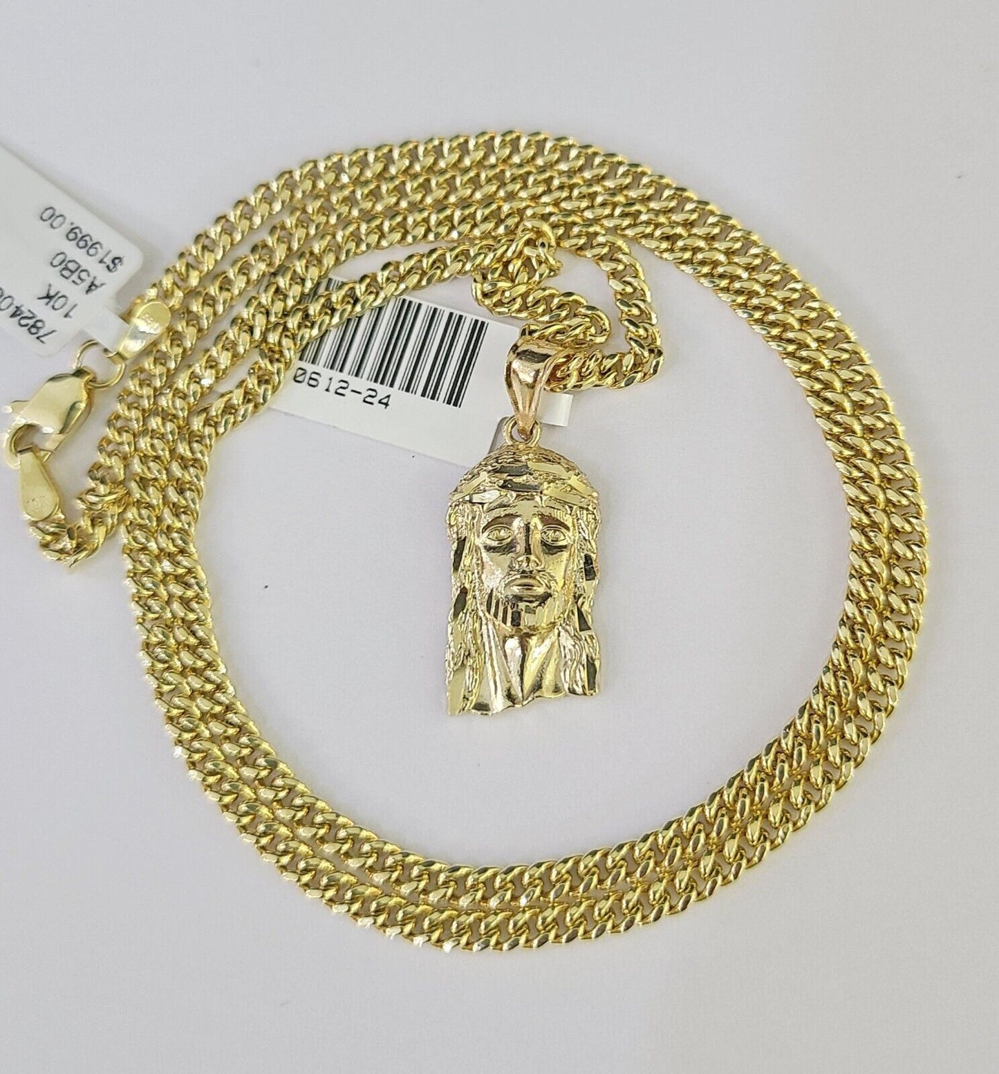 10K Gold Miami Cuban Chain Jesus Head 18"-28" 3mm REAL Pendant Necklace SET