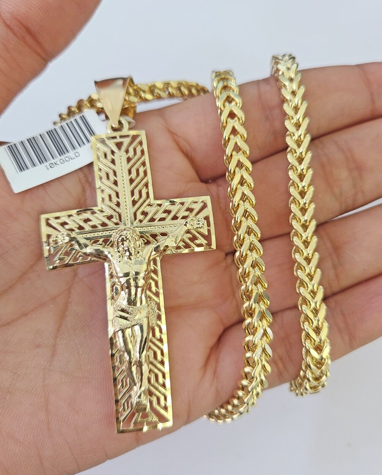 10K Franco Chain Jesus Cross Pendant Charm Necklace 20"-26" 5mm Gold SET Yellow