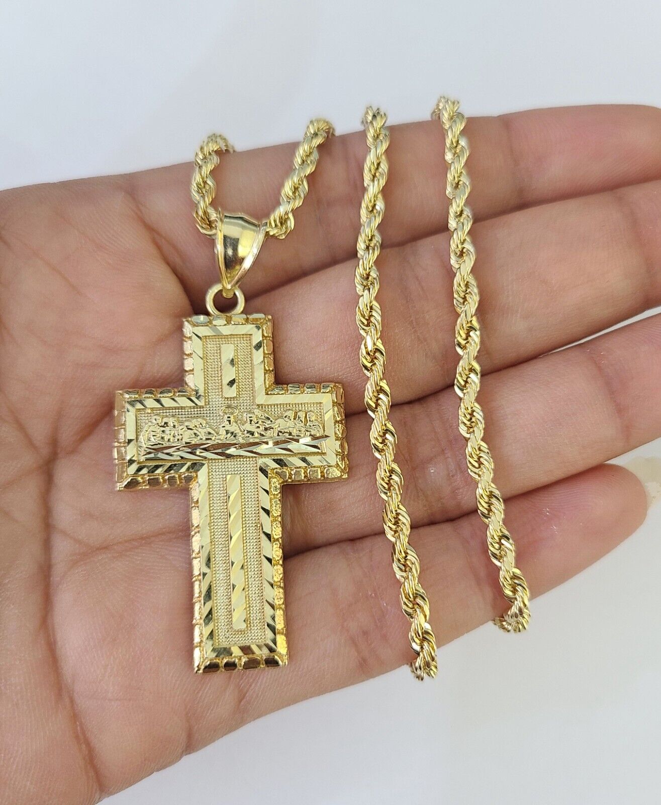 10k 3mm Rope Chain Last Supper Cross Pendant 18"-30" Gold Set Charm Necklace