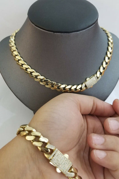 10k Yellow Gold Royal Miami Cuban Chain Bracelet 7.5" 10mm Monaco Necklace 20"