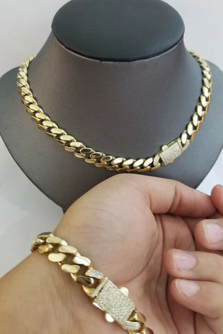 10k Yellow Gold Royal Miami Cuban Chain Bracelet 7.5" 10mm Monaco Necklace 20"
